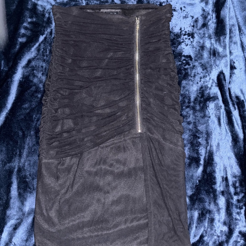 Bebe Black Midi Pencil Skirt with Ruched Slit